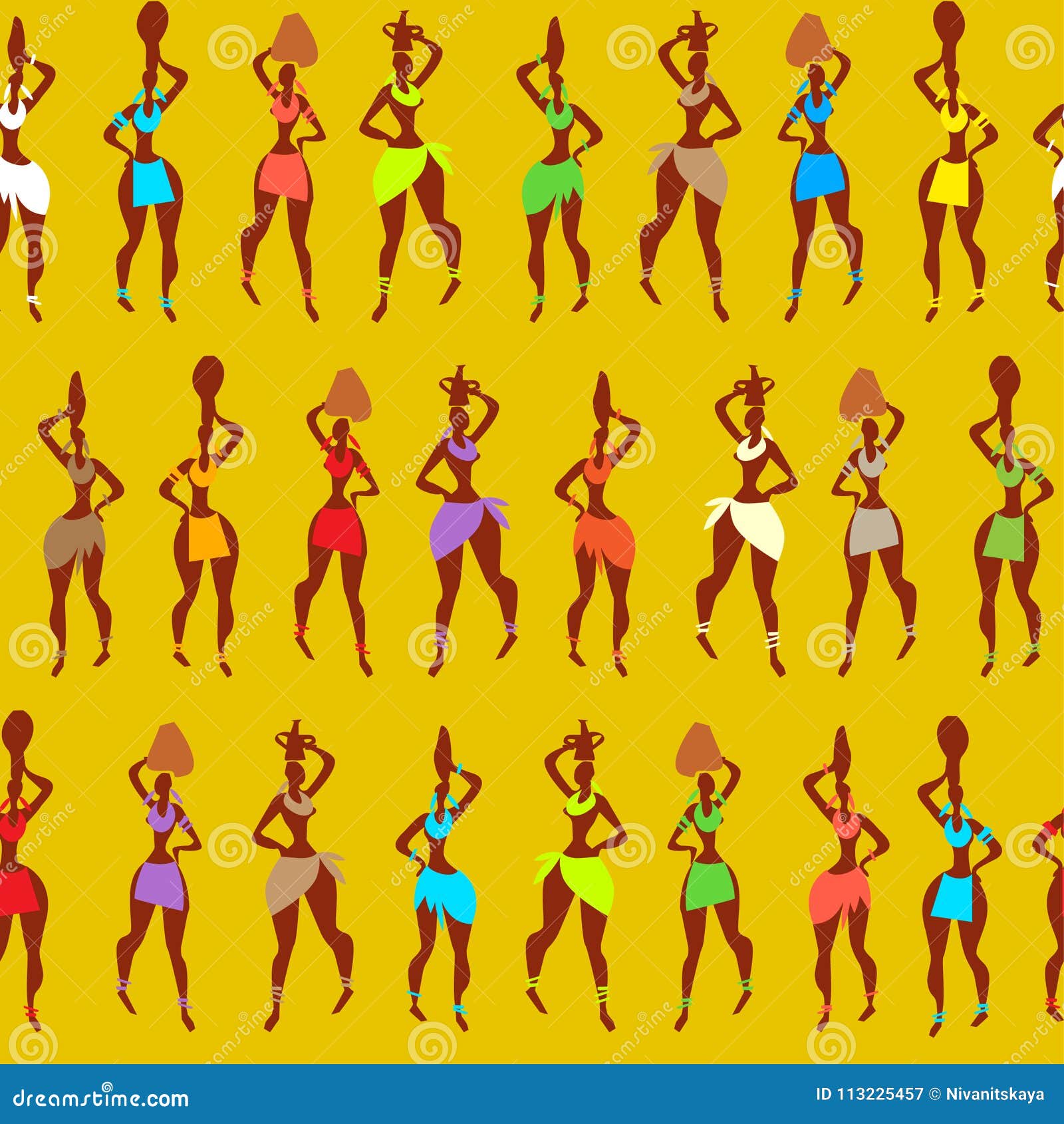 african pattern, a cheerful pattern with people. multicolored woman on a yellow background.