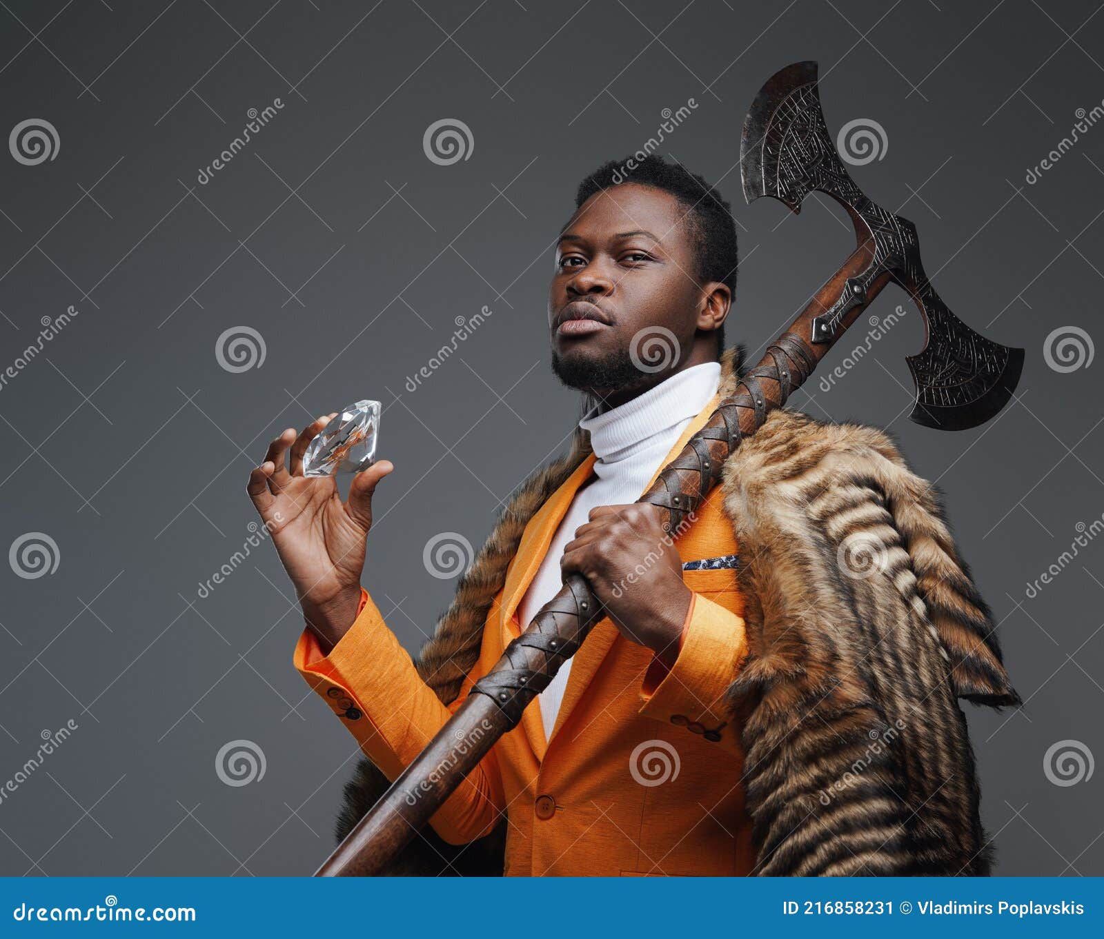 Happy Black Guy with Fur Holding Diamond Stock Image - Image of trend ...