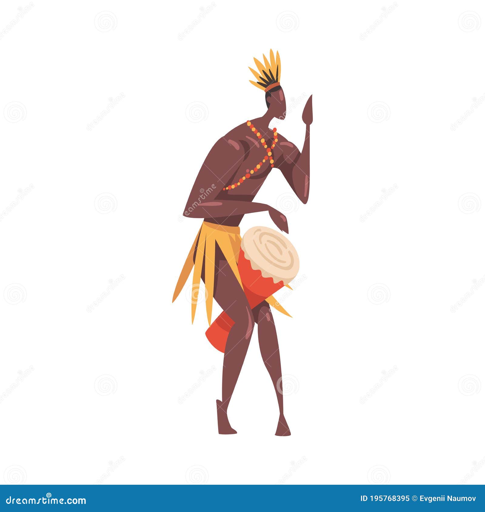 African Ritual Dance, Young Man Performing Folk Dance with Drum Wearing