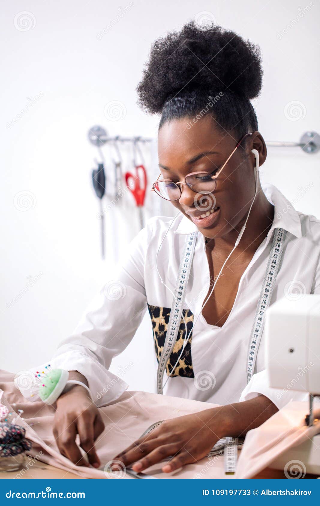 African Seamstress Working with Fabric Takes Measures Stock Image ...