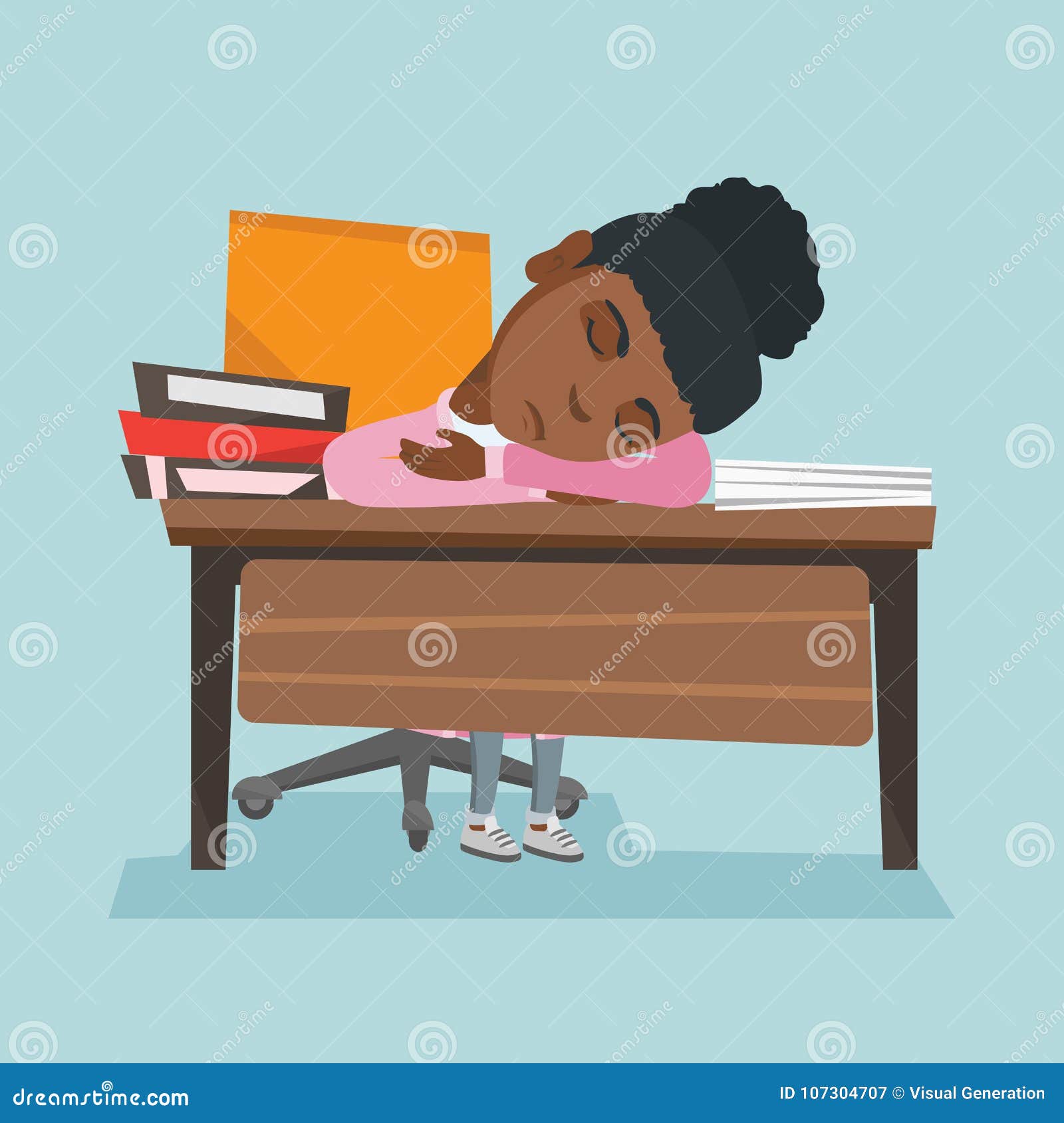 Tired anime girl sleeping on chair with head on desk