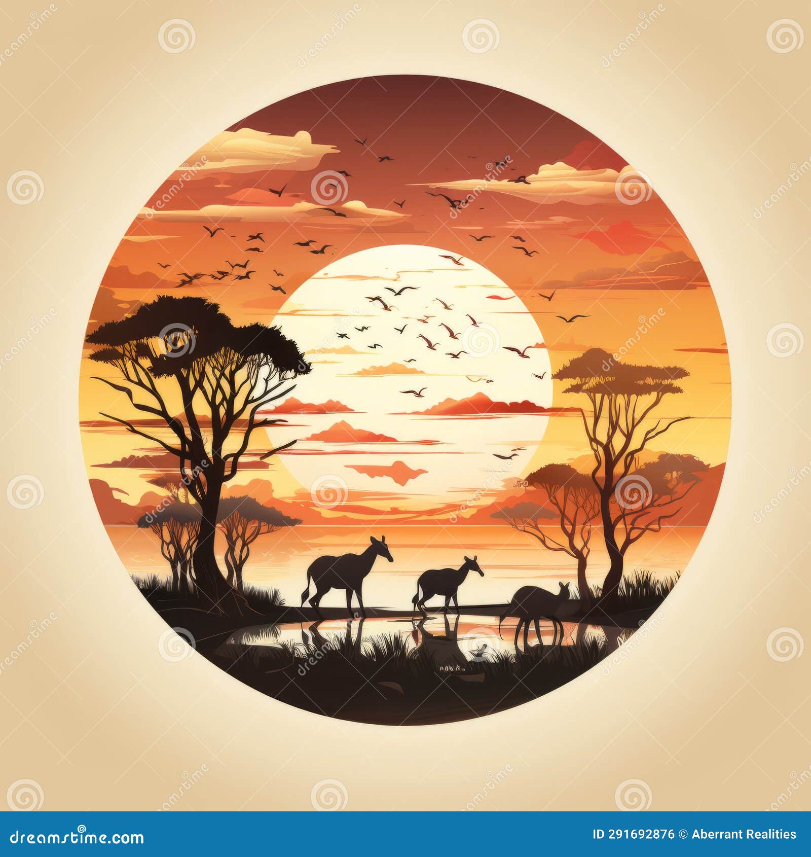 African Sunset with Animals and Trees in the Background Stock