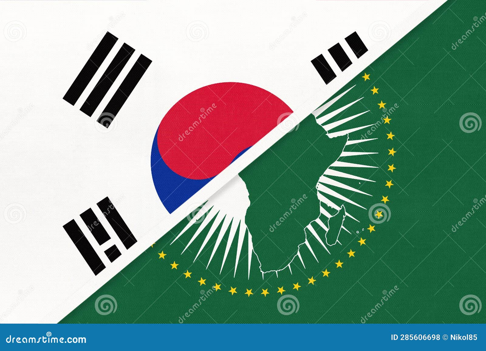 African Union And South Korea Or Rok National Flag From Textile Africa Continent Vs Korean African Union And South Korea Or Rok National Flag From Textile Africa Continent Vs Korean