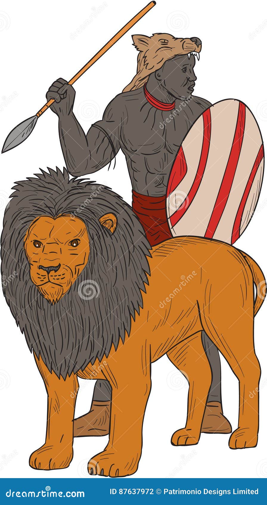 african warrior spear hunting with lion drawing