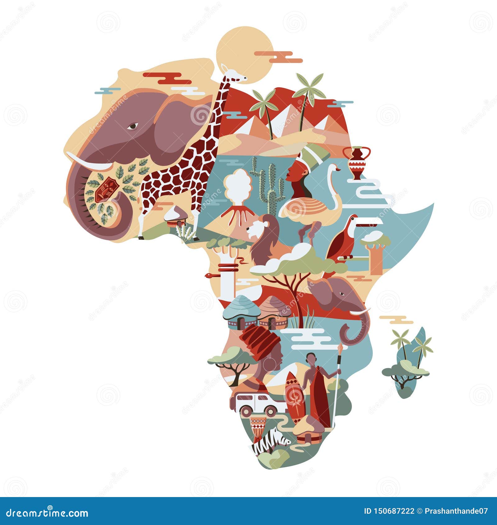 Africa Map with Wild Animals and Traditional Culture Stock Illustration -  Illustration of design, outline: 150687222