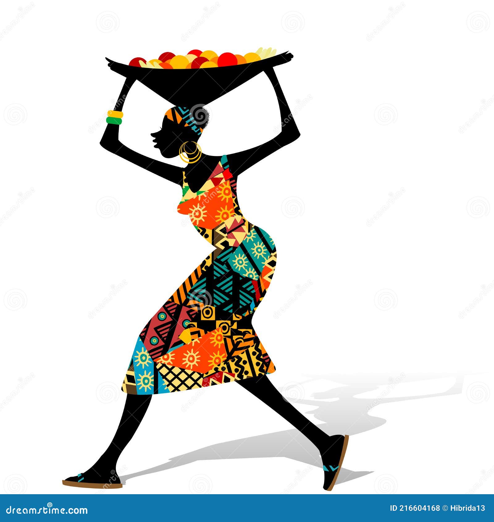 African Woman Carrying a Basket of Fruit Stock Vector Illustration of