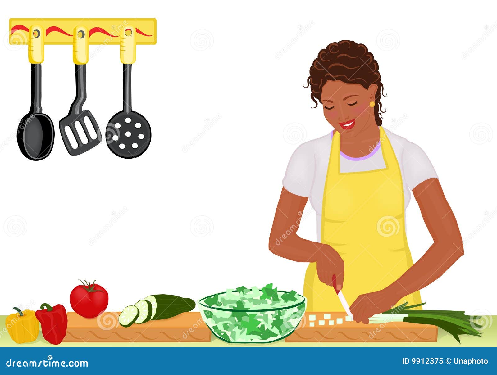 african woman cooking salad on white