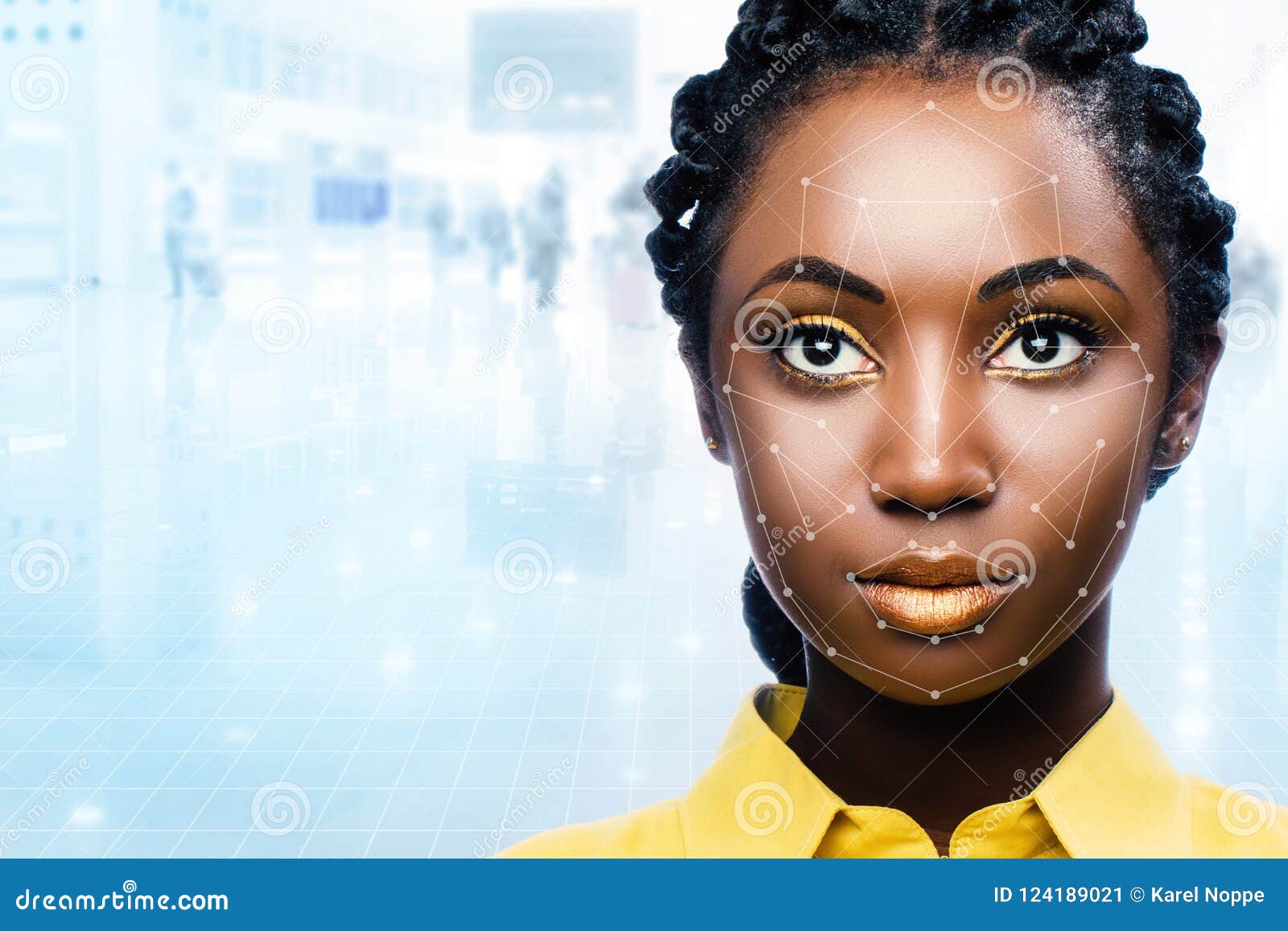 african woman with facial recognition scan on face.