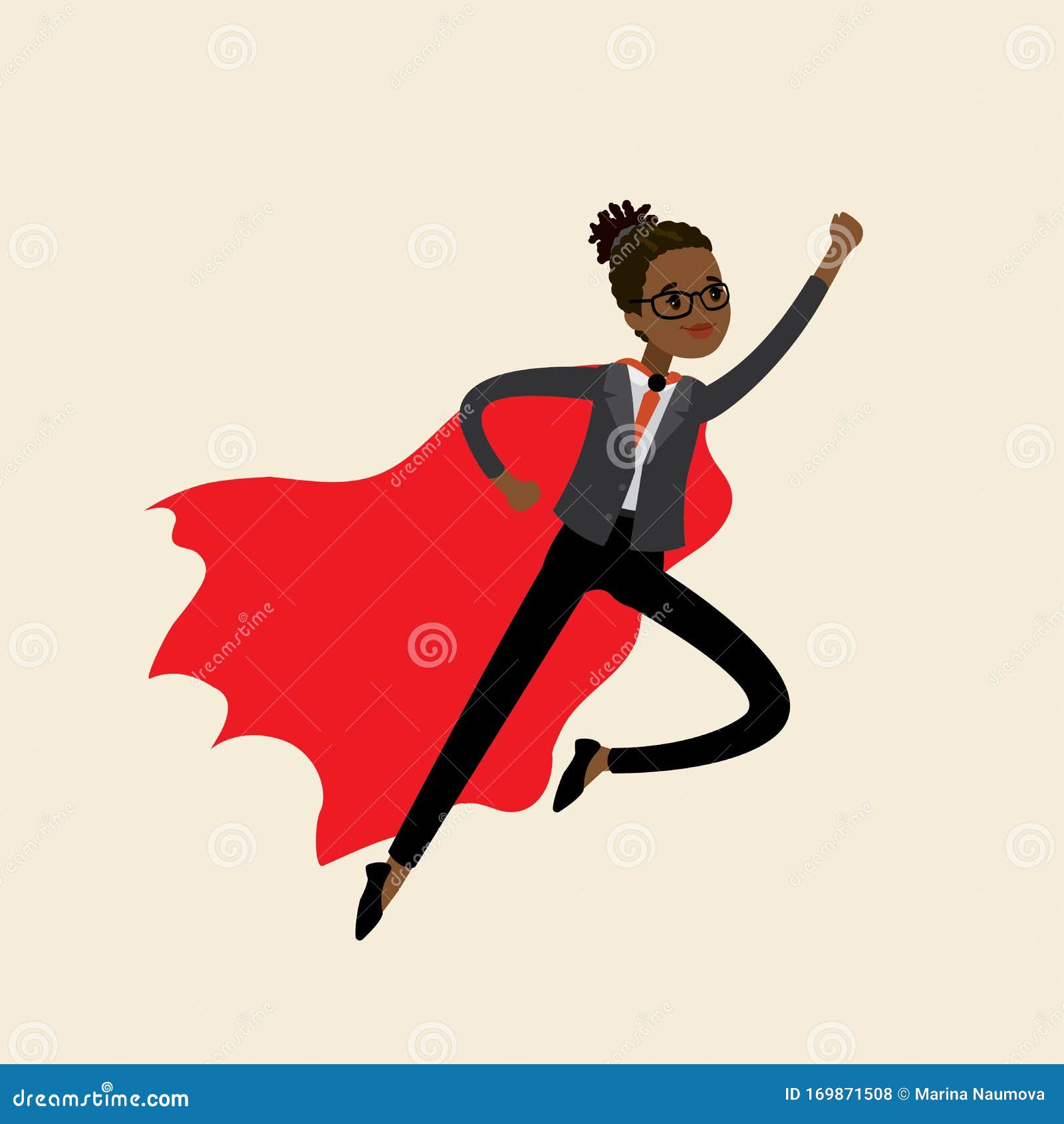 africanamerican woman looking like super hero flying