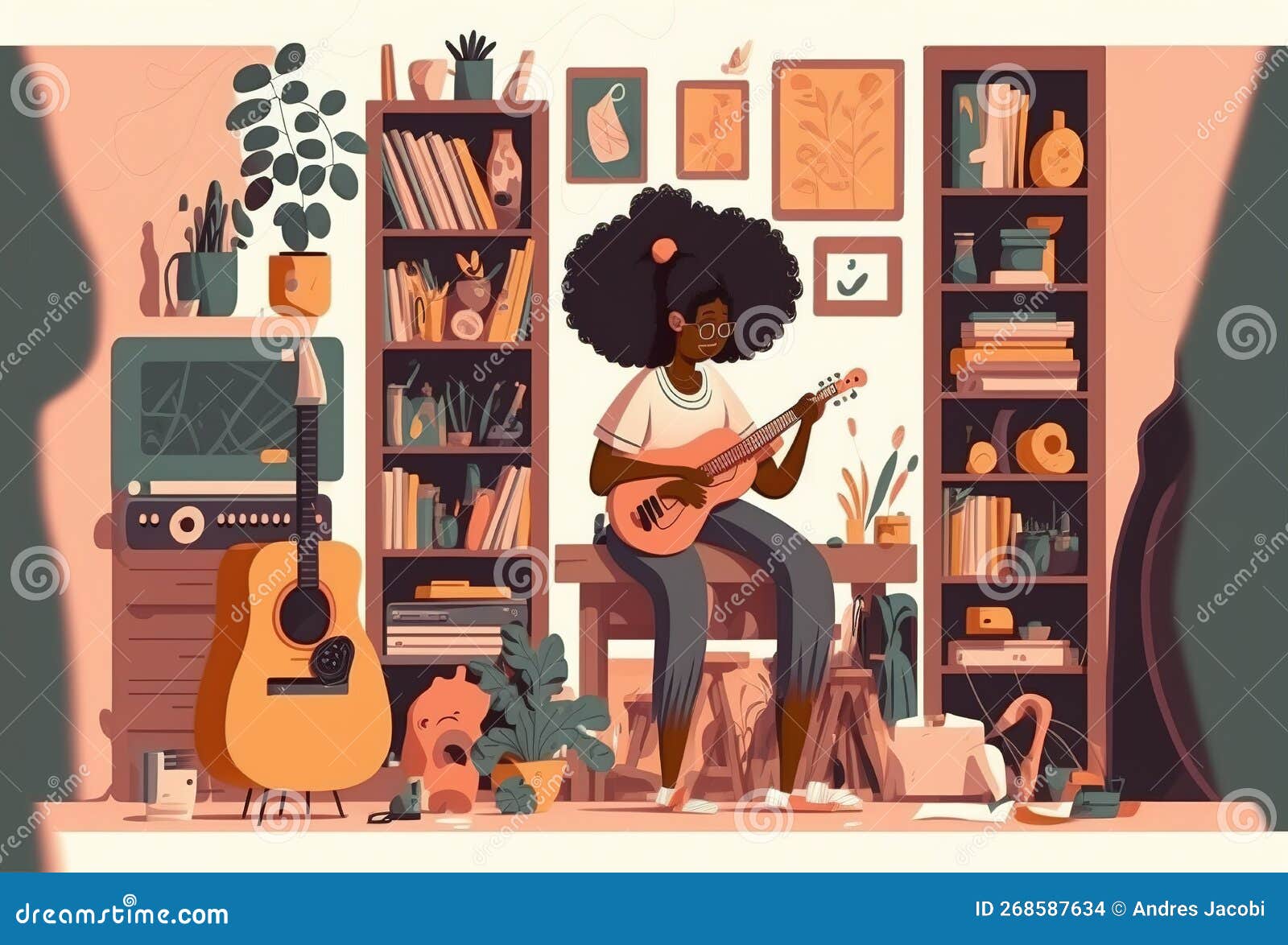 africanamerican woman musician playing some instruments at home. minimalist . generative ai 