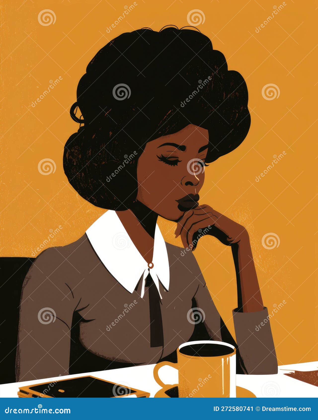 an africanamerican woman seated at her desk with a coffee mug in her hand deep in thought plotting her next career move