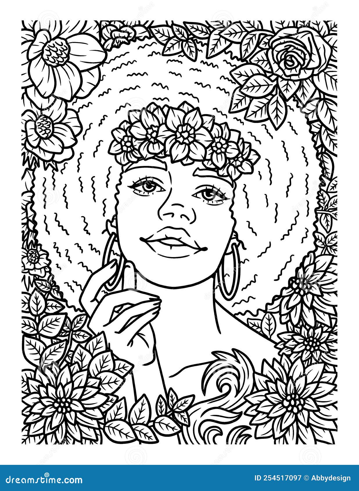 Afro American Girl with Flower Wreath Coloring Stock Vector ...