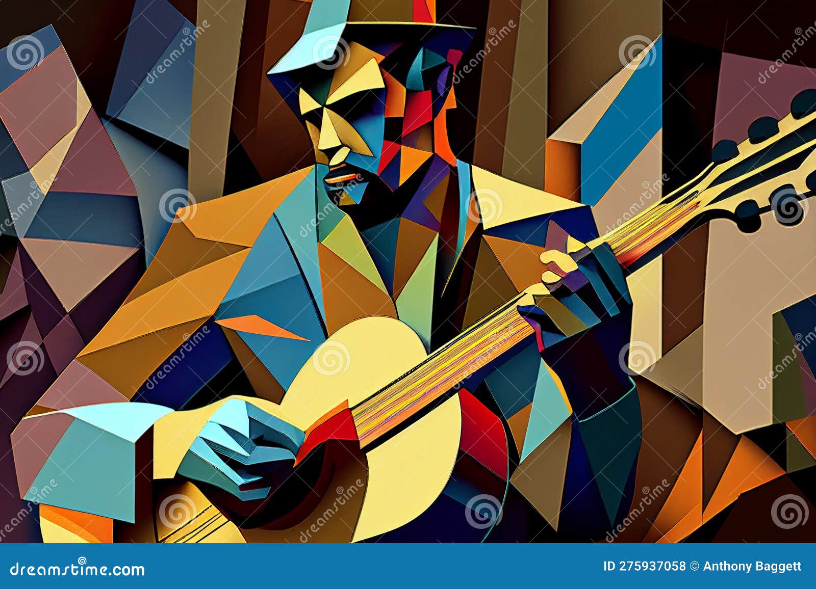 afro-american male musician guitarist playing a guitar in an abstract cubist style painting