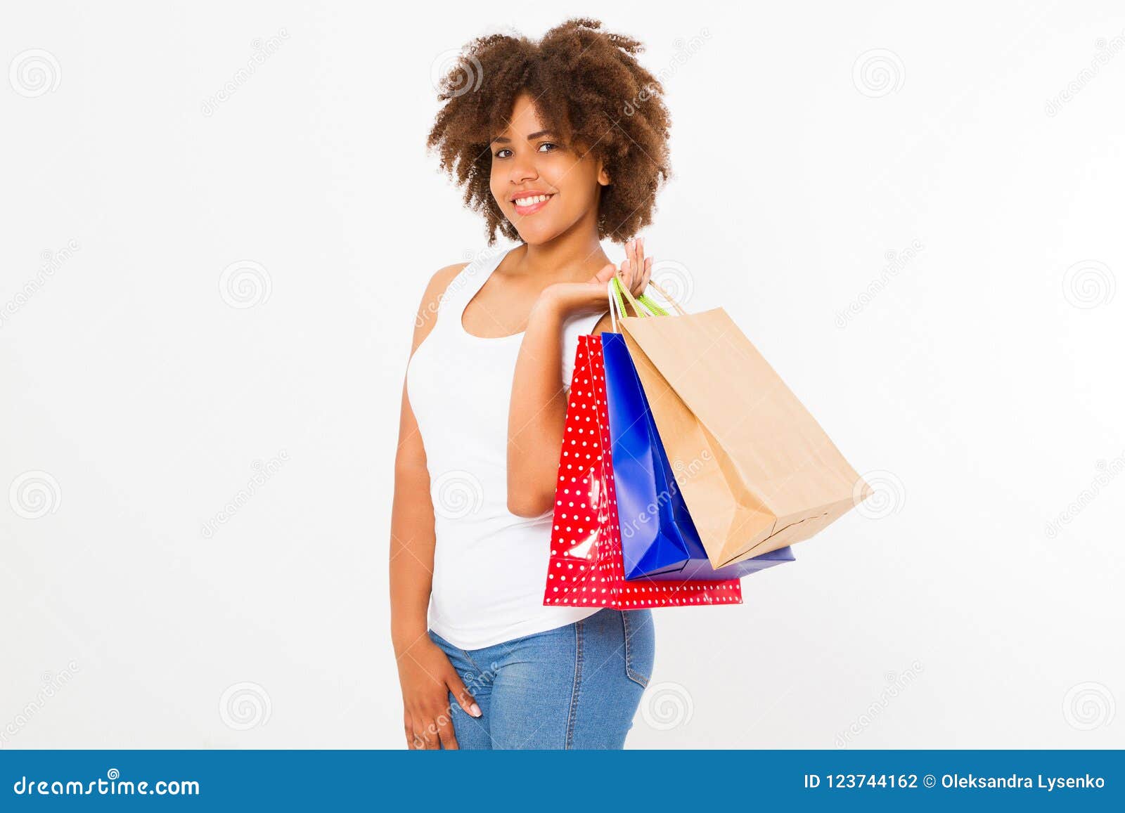 Afro Woman Shopping. Happy Young African American Girl with Shopping ...