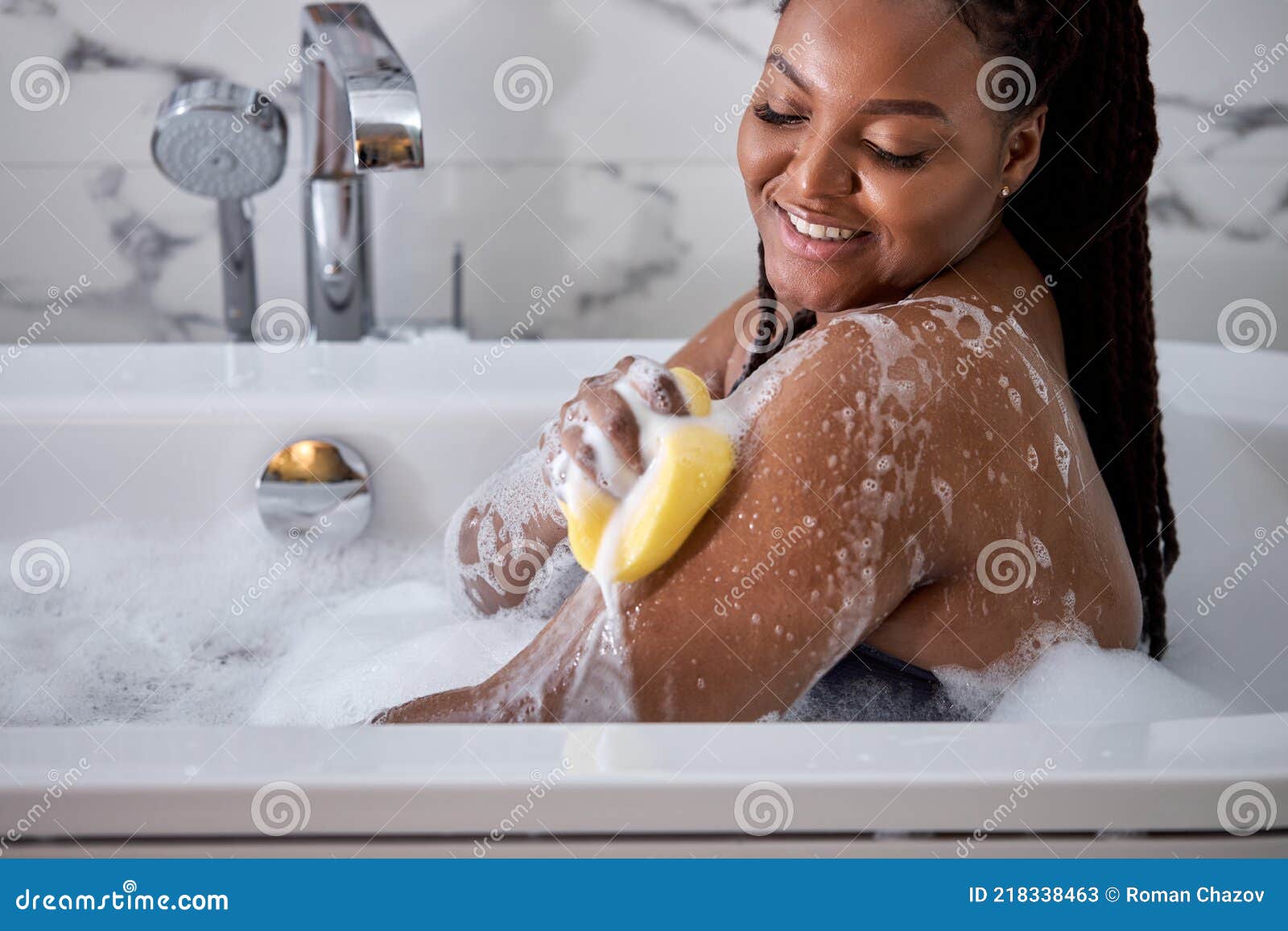 Afro Woman Washing Herself Taking Bath At Home Using Sponge Free