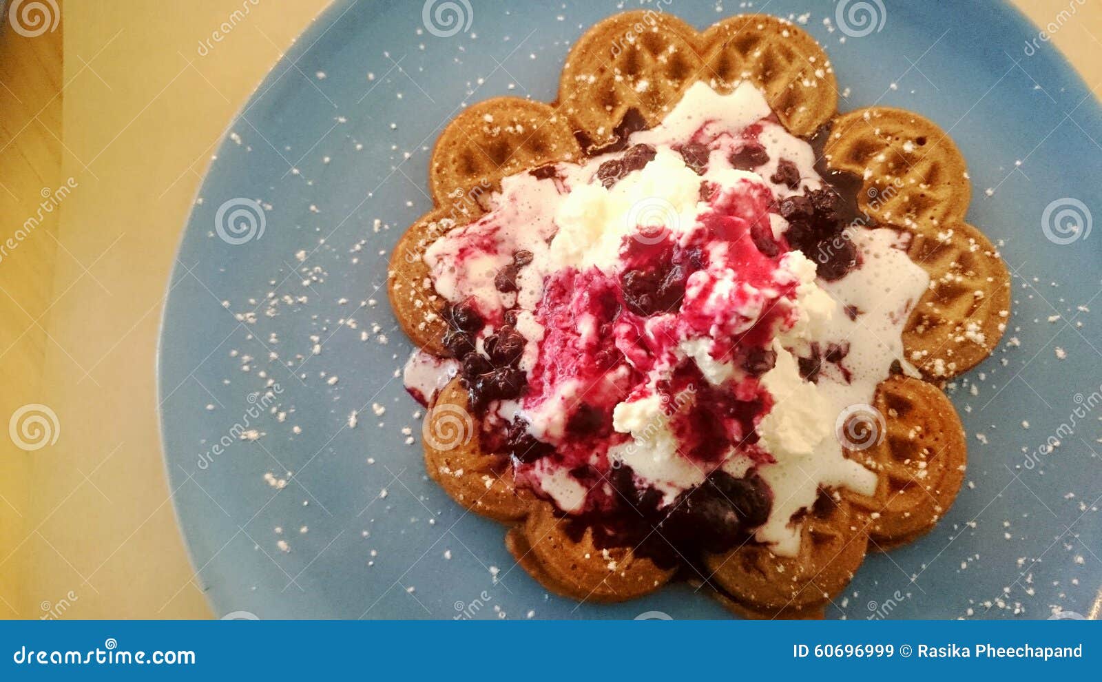 Buckwheat Waffle with Mascarpone Creamcheese Top with Berries on Blue ...