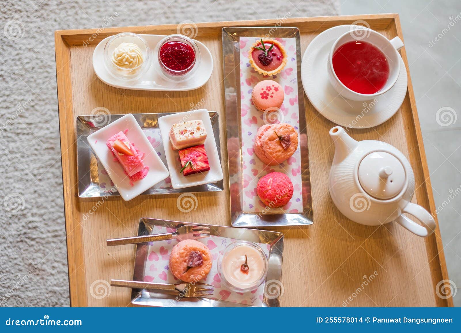 Afternoon Tea Set and Pink Dessert at Luxury Hotel Stock Photo Image
