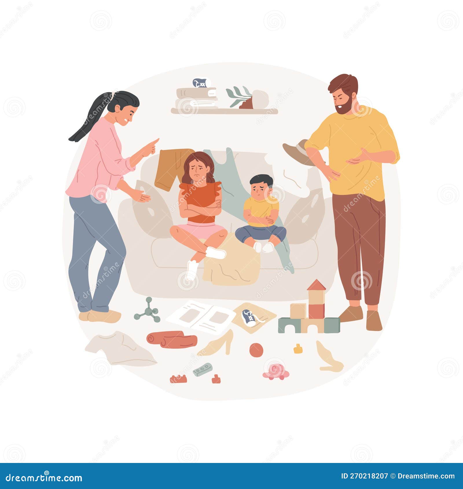 Agarrotar la casa aislada ilustración vectorial de caricatura. los padres están molestos por la basura pila de ropa en casa en los sofás juguetes dispersos estilo de vida insalubre problemas familiares vectores caricatura.