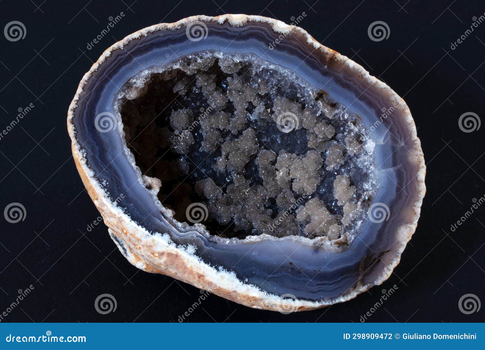 agate semigem geode with crystals  on black background
