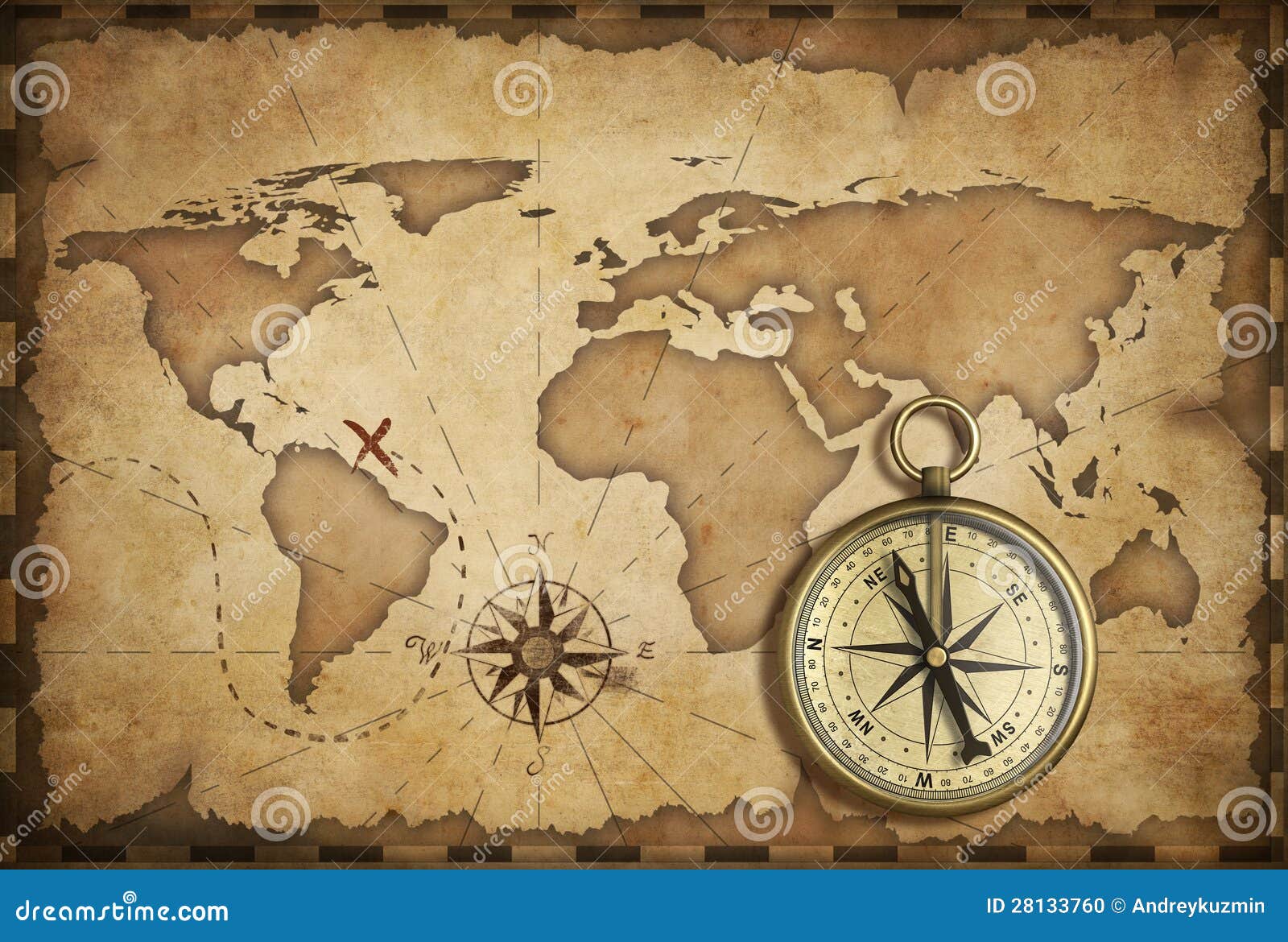 aged brass antique nautical compass and old map