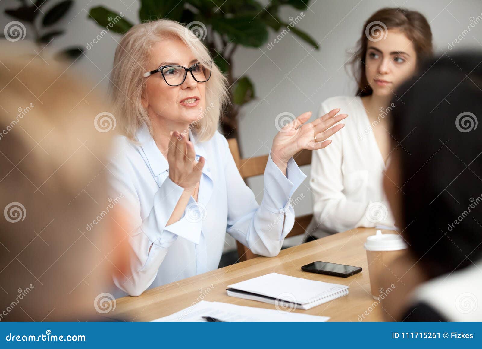 aged businesswoman, teacher or business coach speaking to young