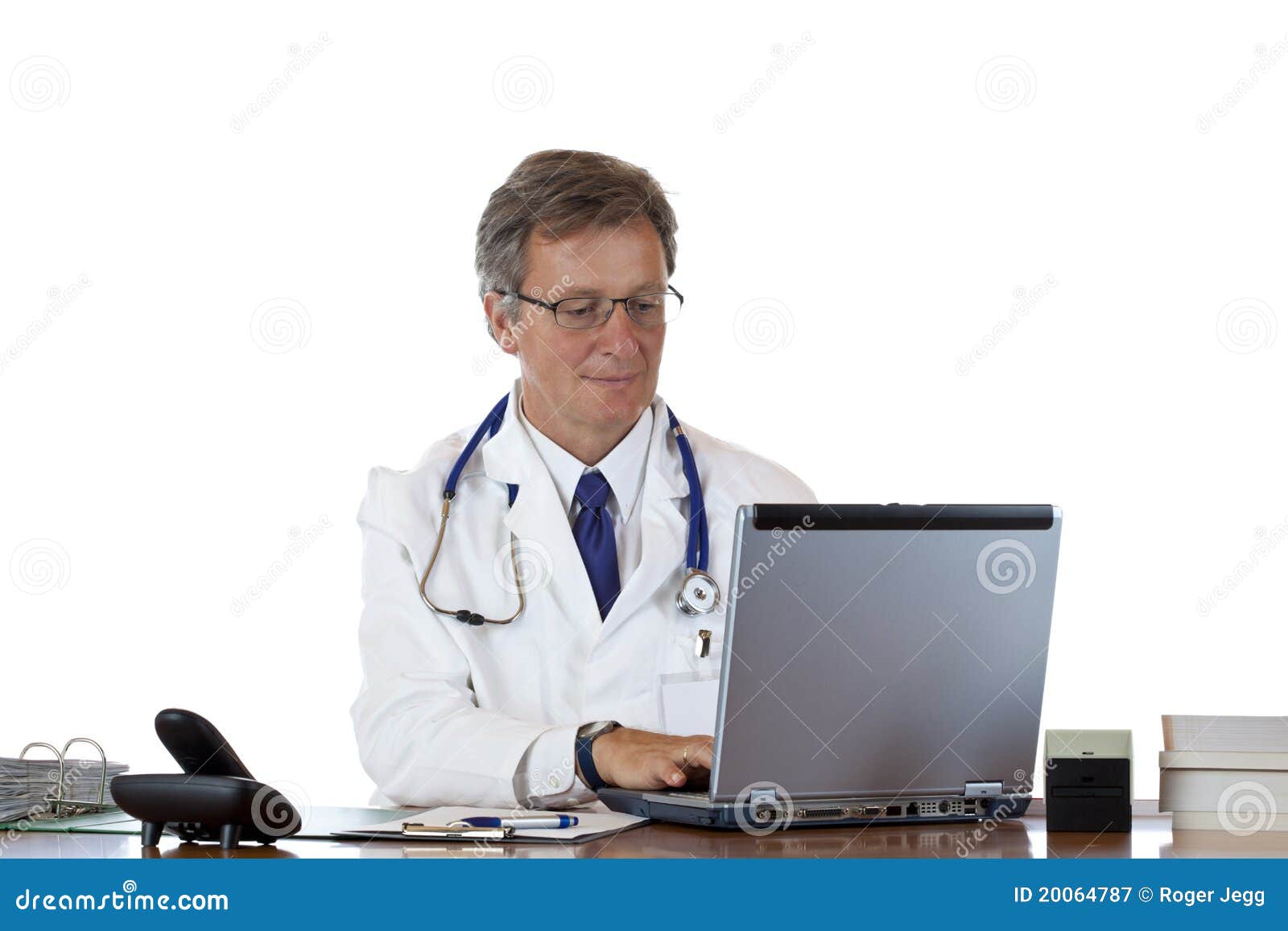 Aged Doctor Types Medical History in Laptop Stock Image - Image of ...