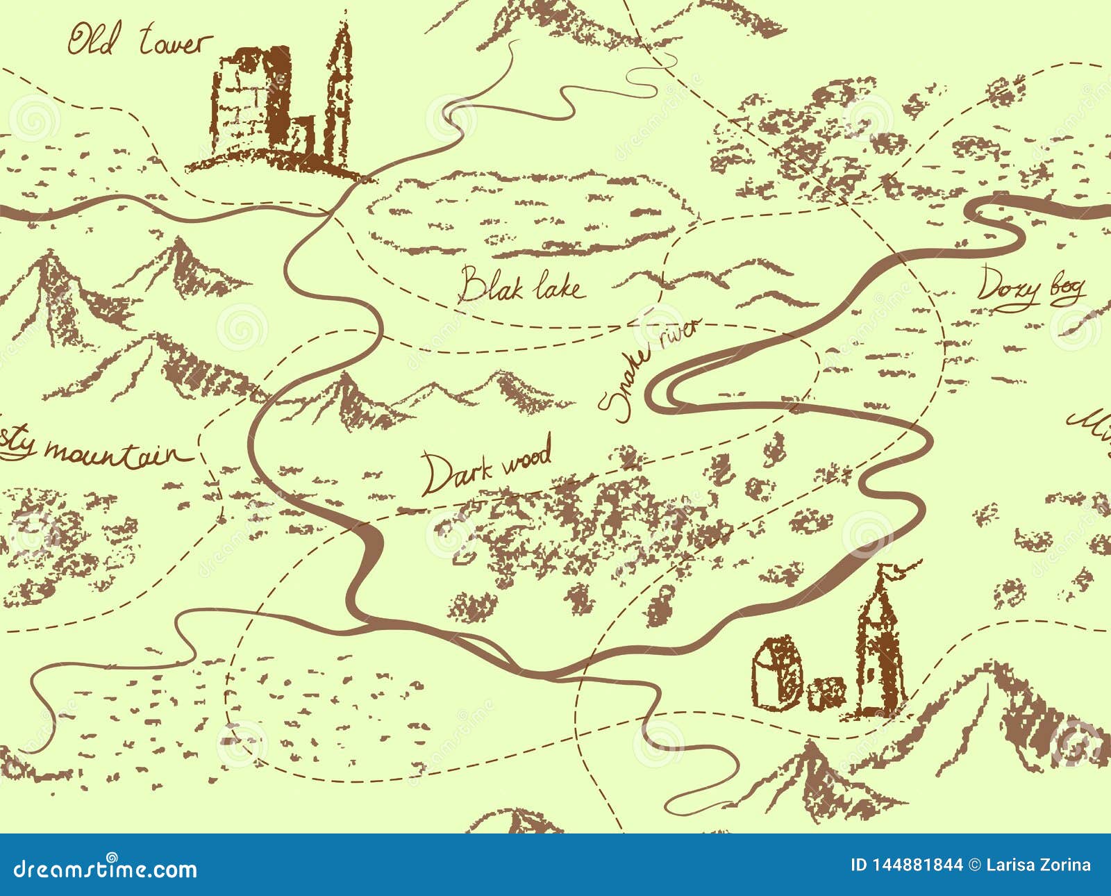 Aged Fantasy Vintage Seamless Map With Mountains Buildings Trees Hills River Stock Illustration Illustration Of Fantasy Book