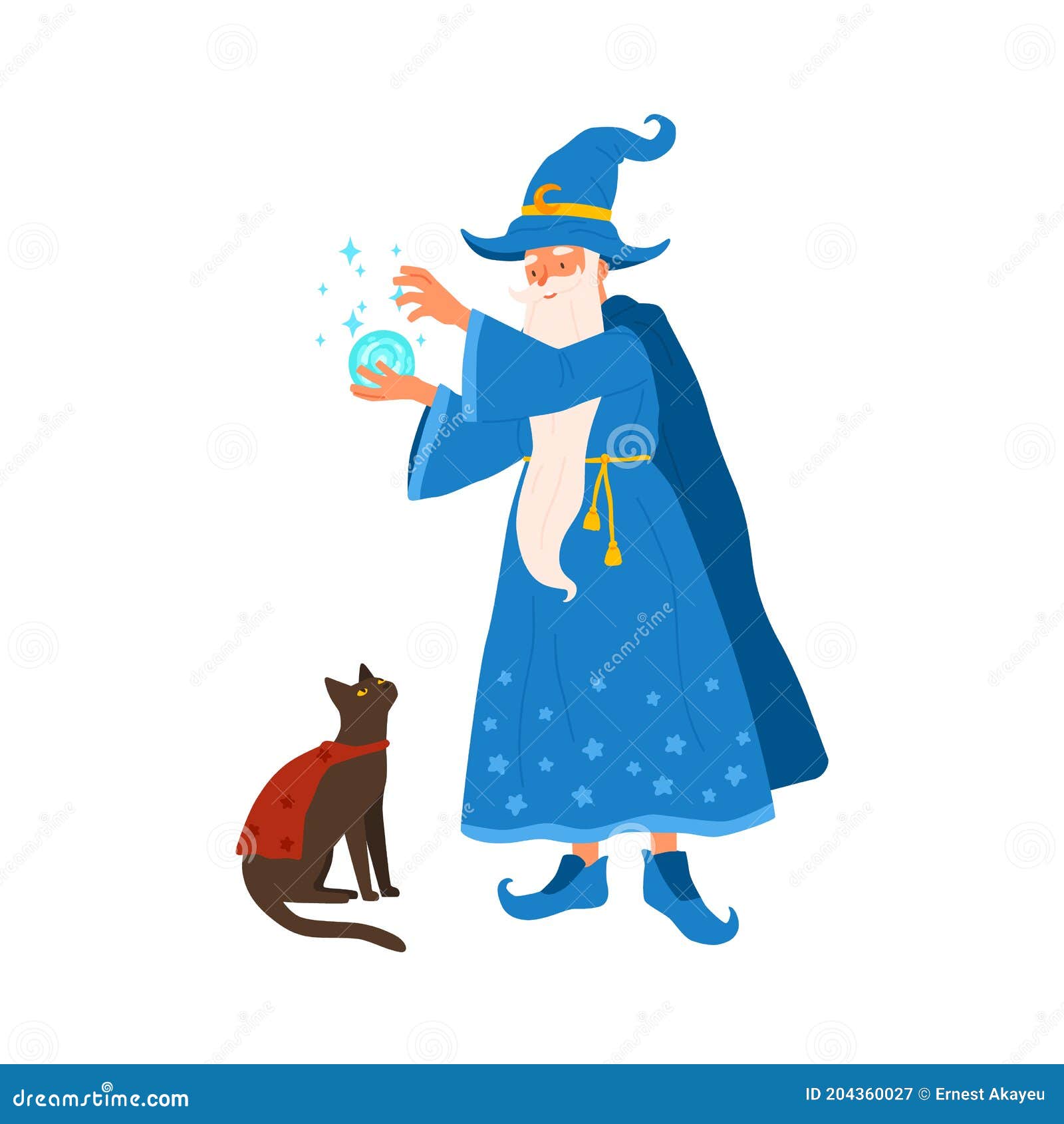 aged gray haired mage conjure with magic ball. portrait of old magician practicing wizardry with cat. cute wise wizard