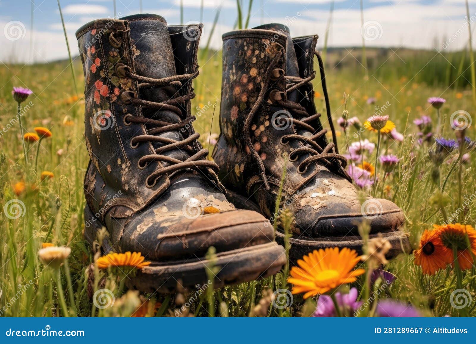 Aged Leather Boots in a Field of Wildflowers Stock Image - Image of
