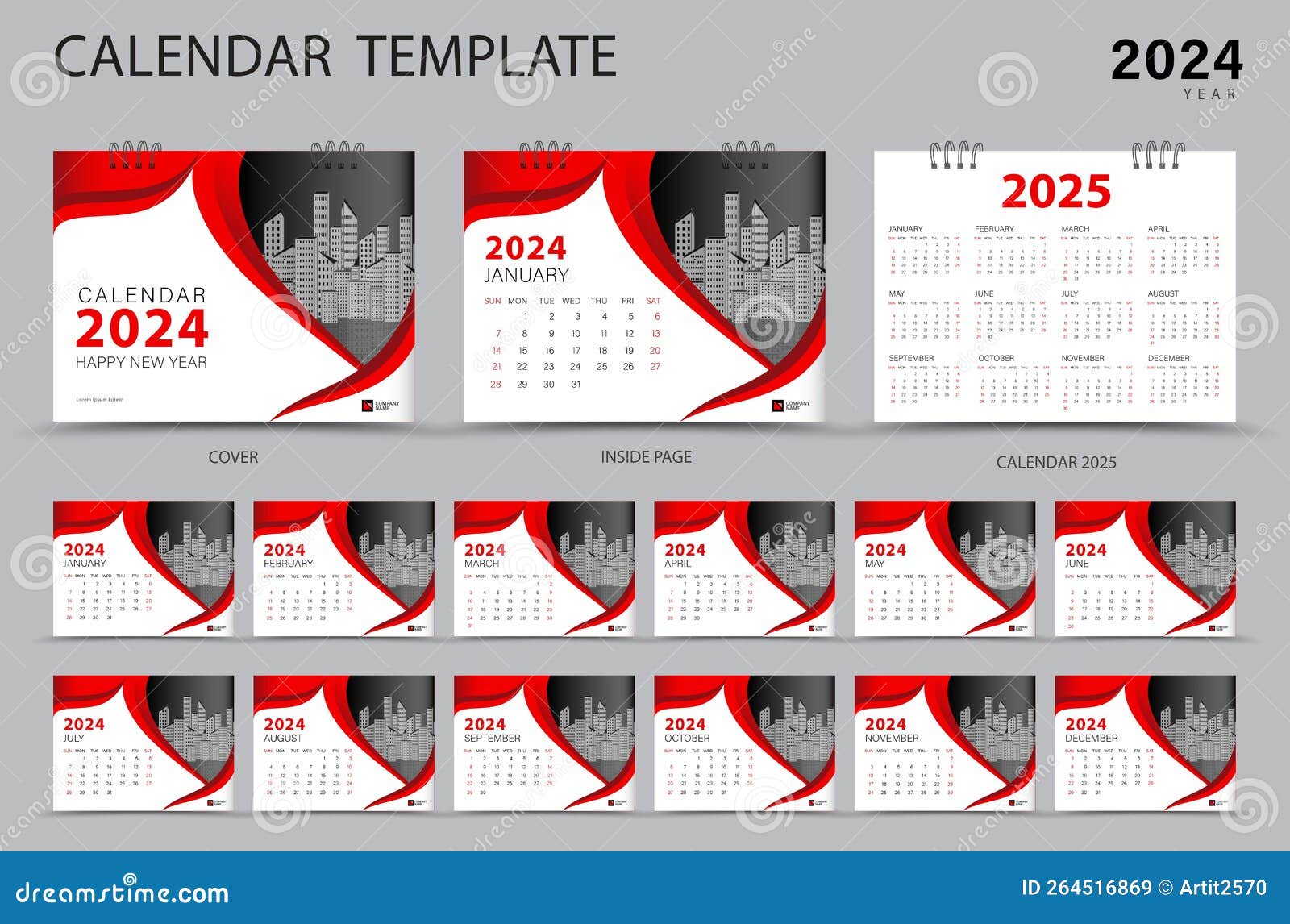 calendrier 2024 modèle ensemble vecteur, la semaine commence dimanche,  ensemble de 12 mois, calendrier de bureau