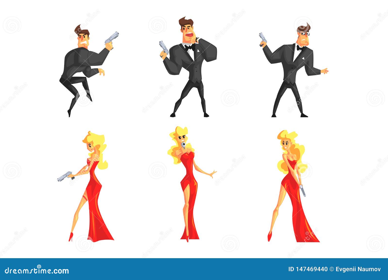 Secret Agents in Different Poses. Handsome Man and Beautiful Woman with Gun  in Hands. Male in Black Suit, Female in Ilustração do Vetor - Ilustração de  loira, estar: 147469440