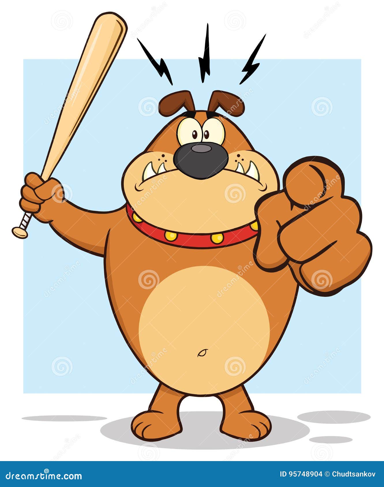 Aggressive Brown Bulldog Cartoon Mascot Character Holding A Bat And Pointing. Illustration With Background Isolated On White