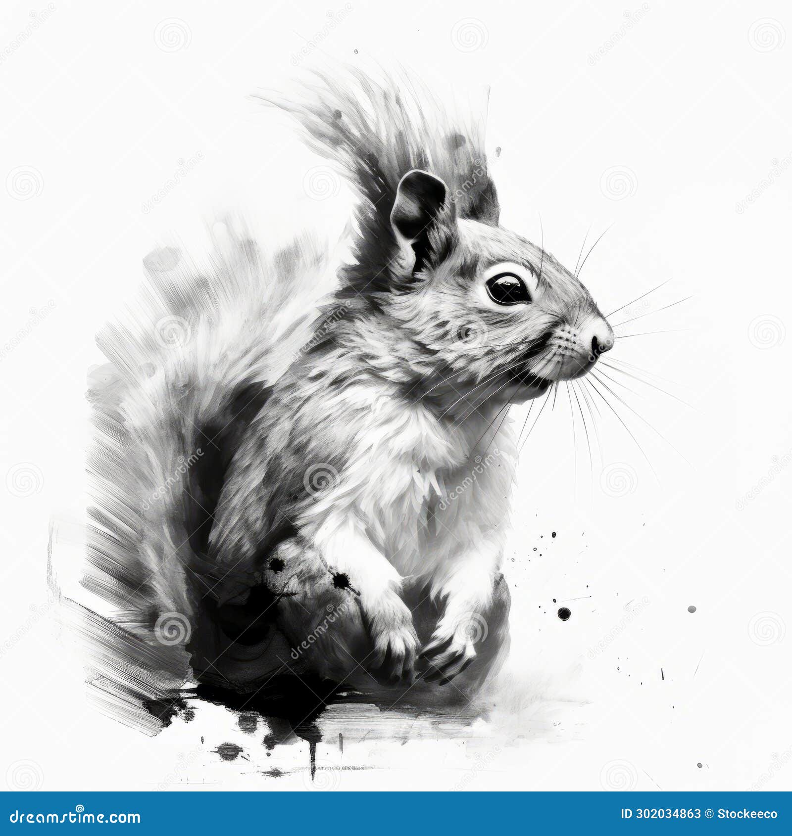 aggressive digital  of a playful squirrel in black and white