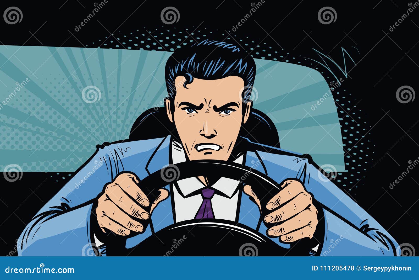 aggressive driver behind the wheel of car. race, pursuit in pop art retro comic style. cartoon  