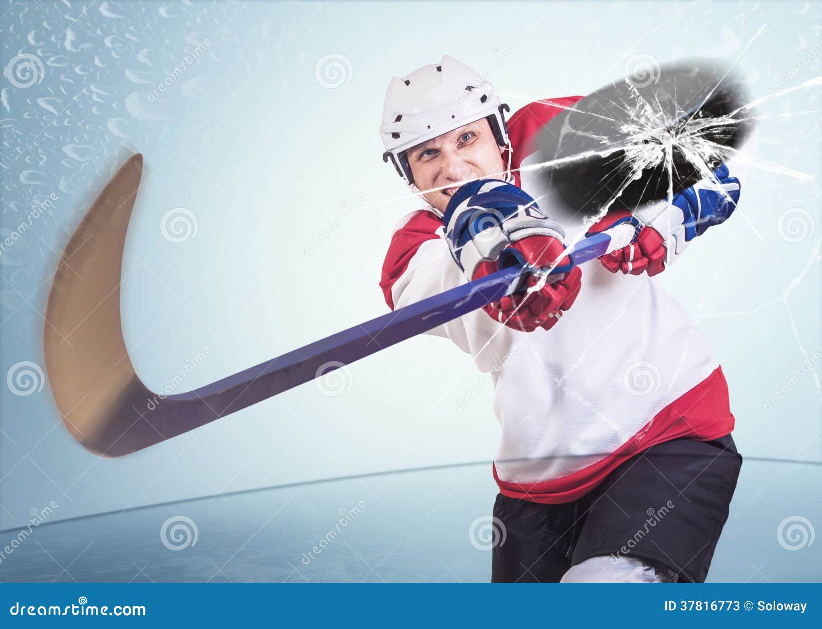 Aggressive Hockey Player Shot into Camera Front Glass Stock Image