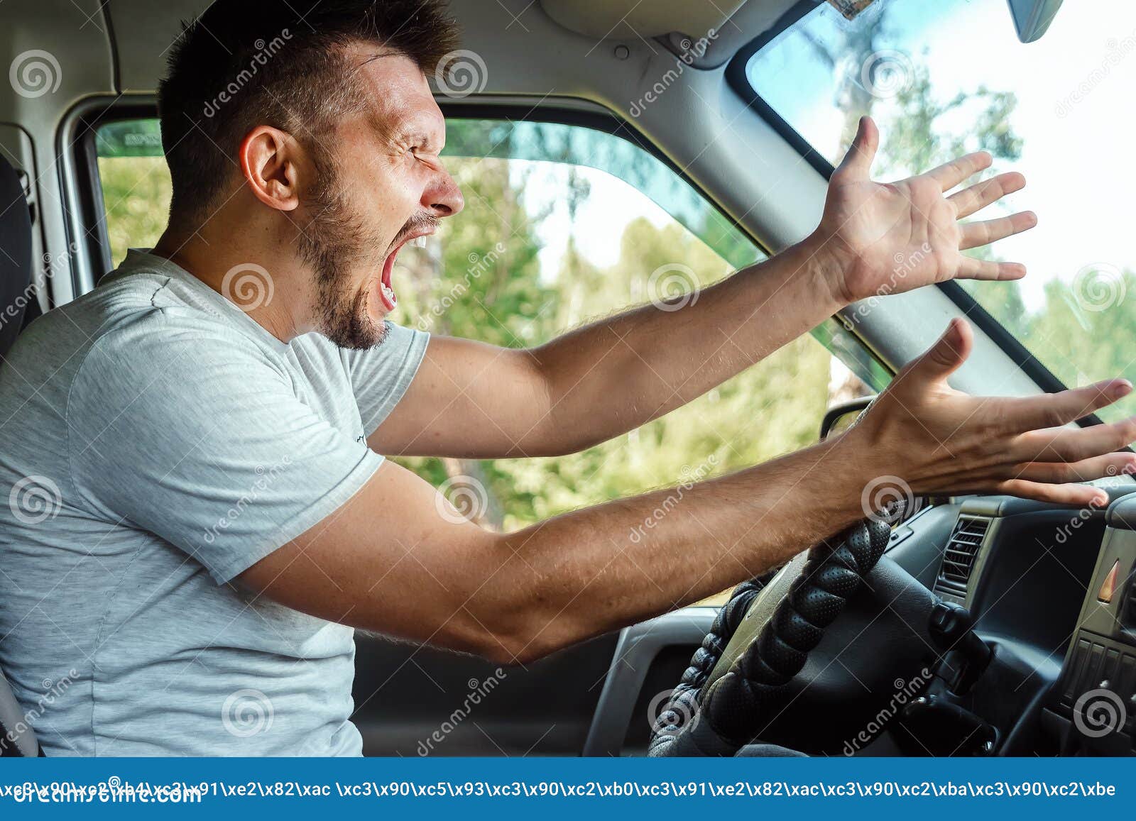 aggressive man, the driver of the car is outraged at the wheel during the trip. emergency, accident, violation of rights, dispute