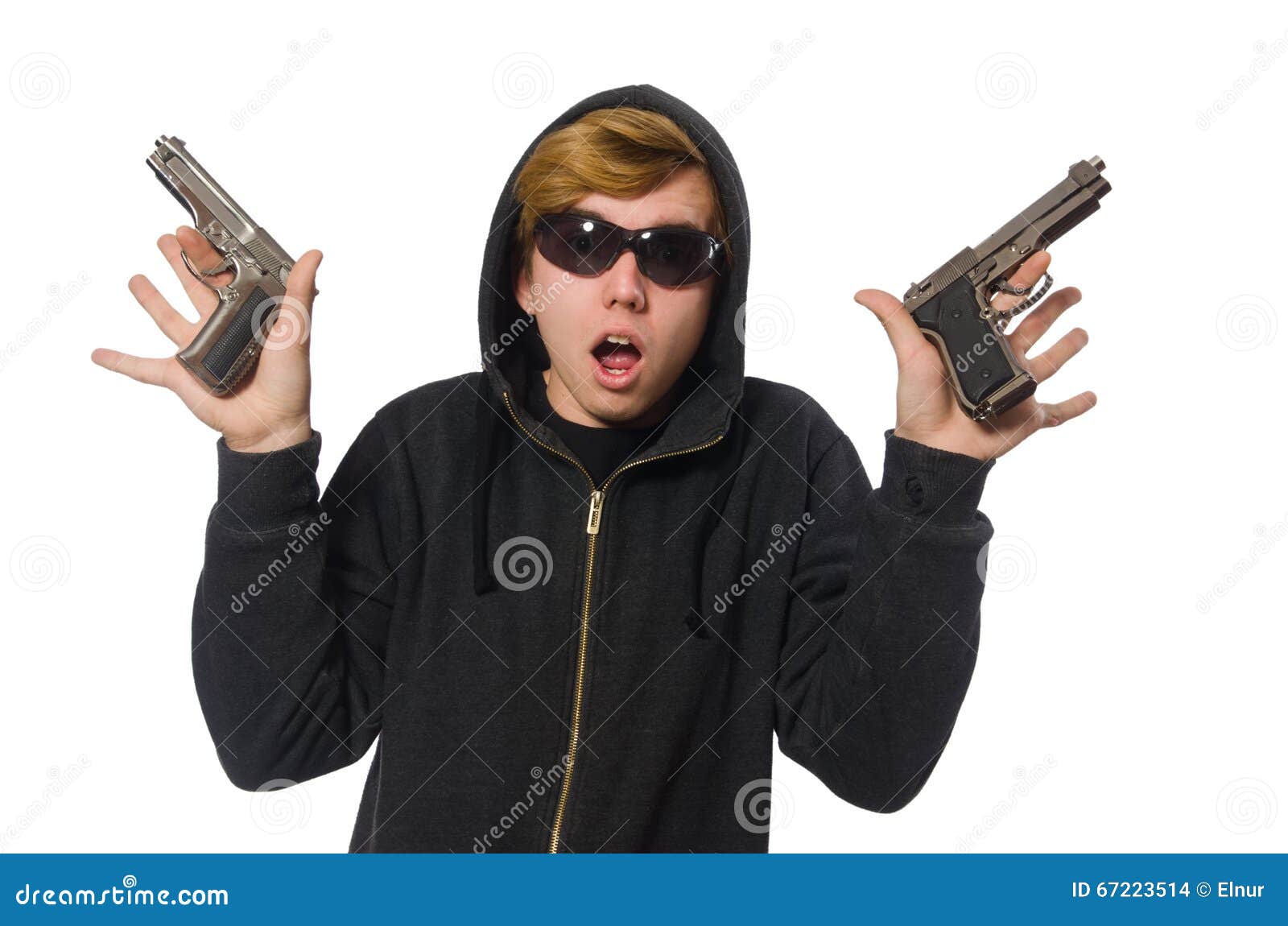 The aggressive man with gun isolated on white