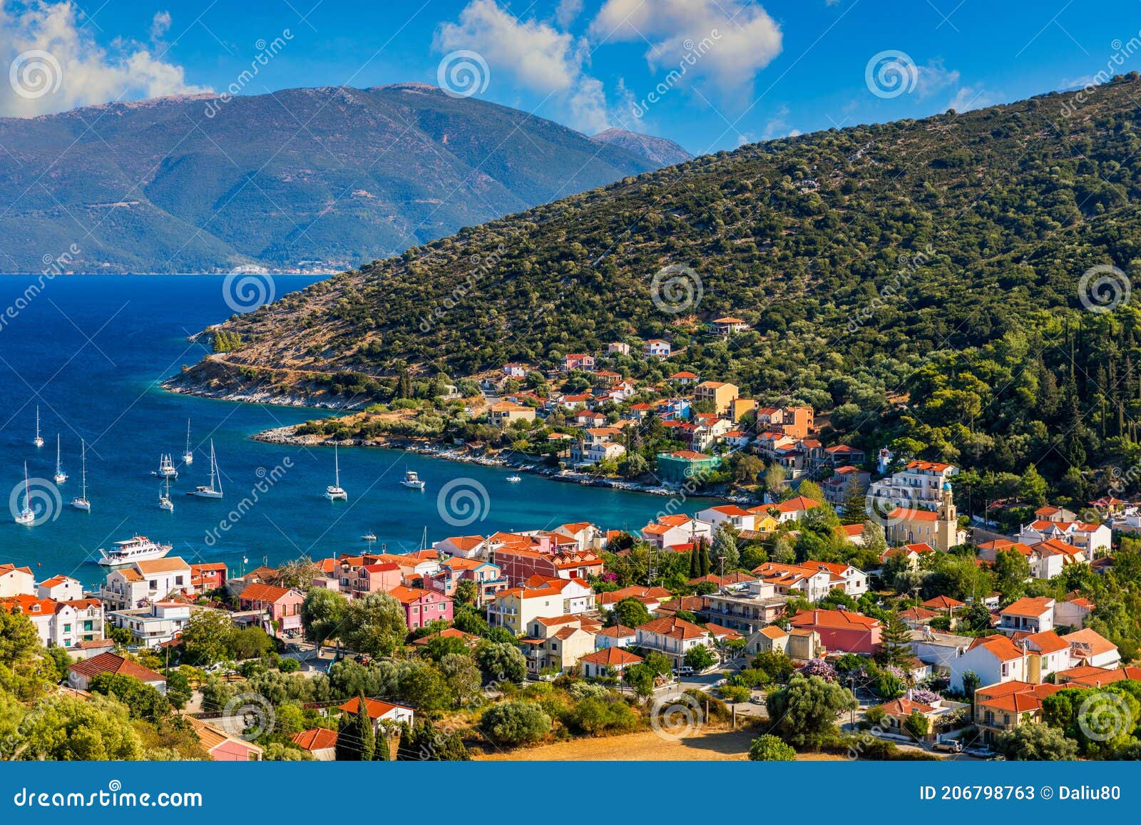 agia effimia village on cephalonia or kefalonia island, ionian sea, greece. amazing cityscape of agia effimia town, kefalonia,
