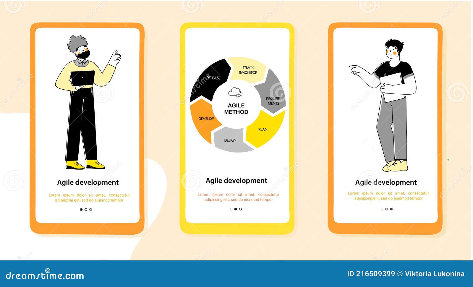 Agil Method for Marketing Design. Flat Onboarding Mobile App Page