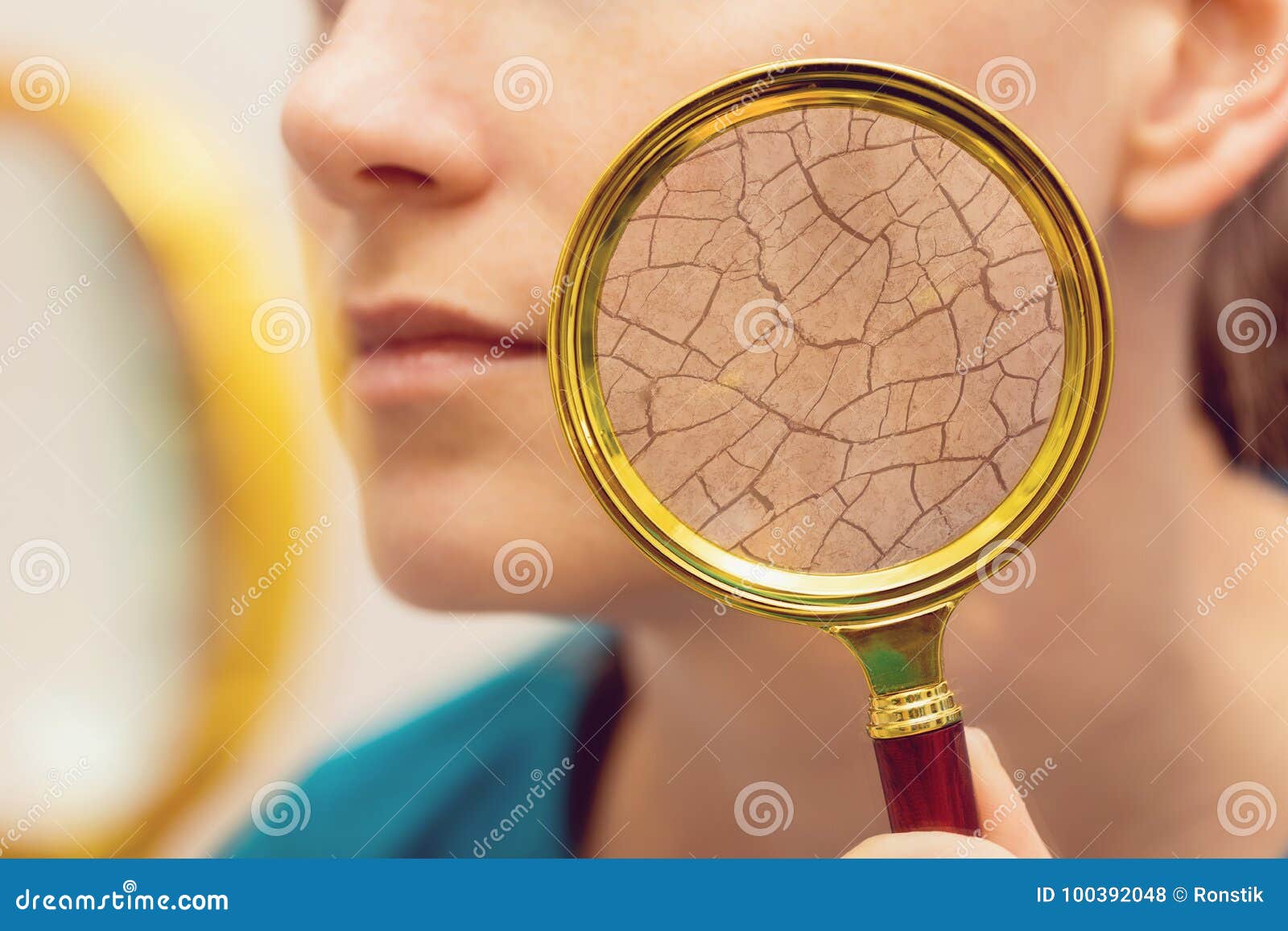 aging and dry face skin concept - woman with magnifying glass