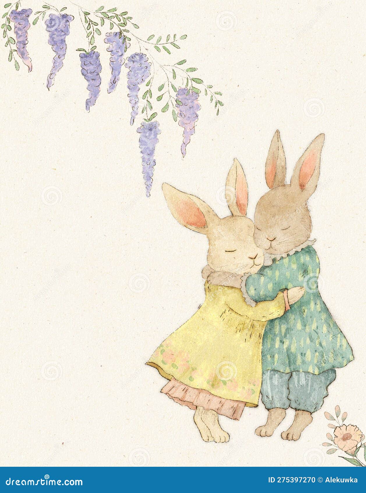 Watercolor Vintage Drawing of Two Cute Rabbits in a Vintage Atmosphere