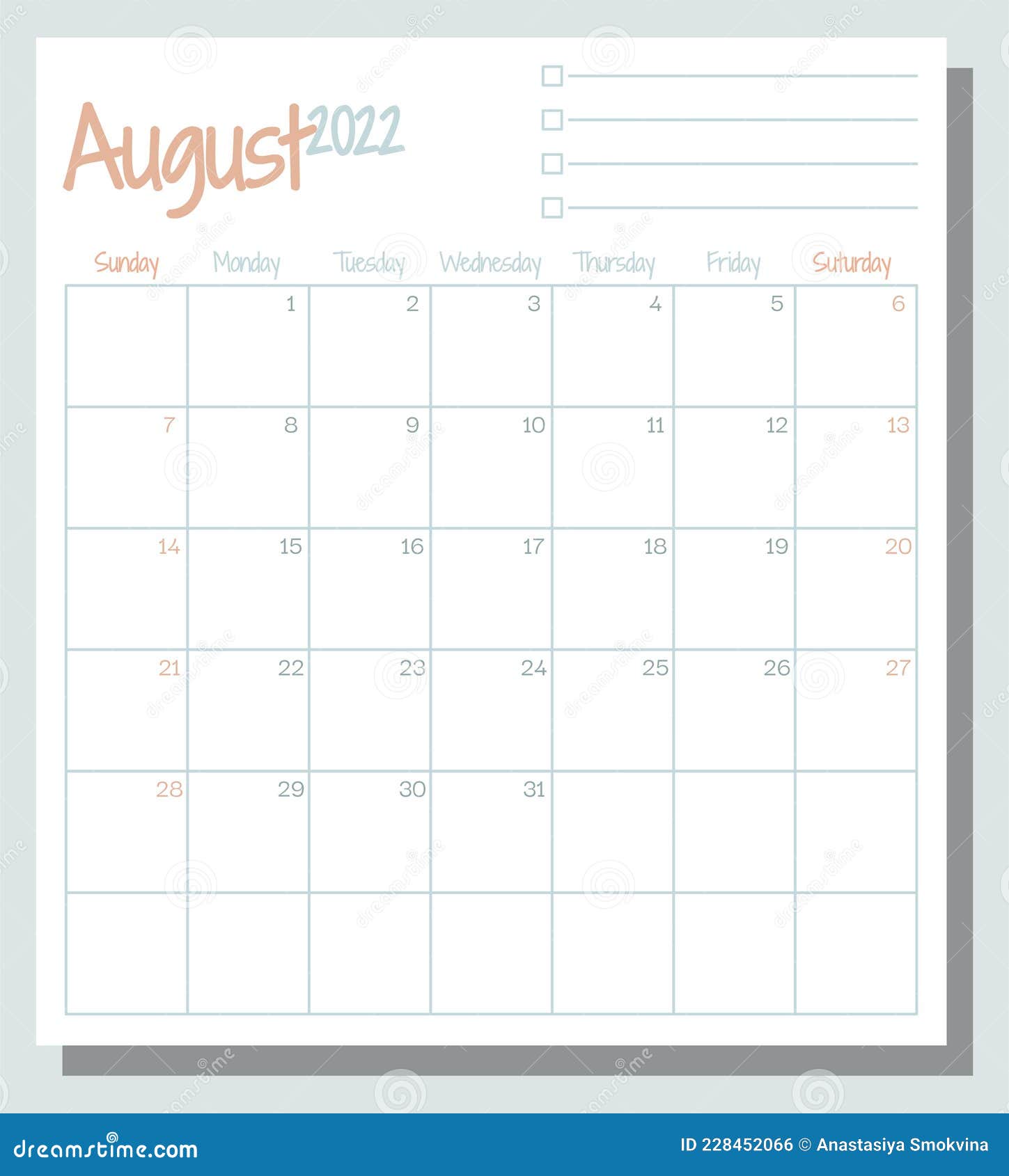 Calendario De Un Mes Agosto 2022 Calendario Mes Planificador Con La Semana De La Lista De Tareas  Pendientes Comienza El Domingo Ilustración del Vector - Ilustración de  papel, lista: 228452066