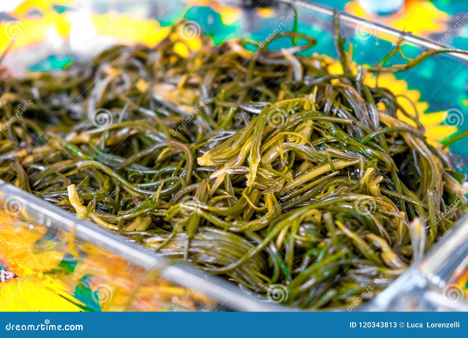 agretti on baking dish - long vegetables cooked closeup