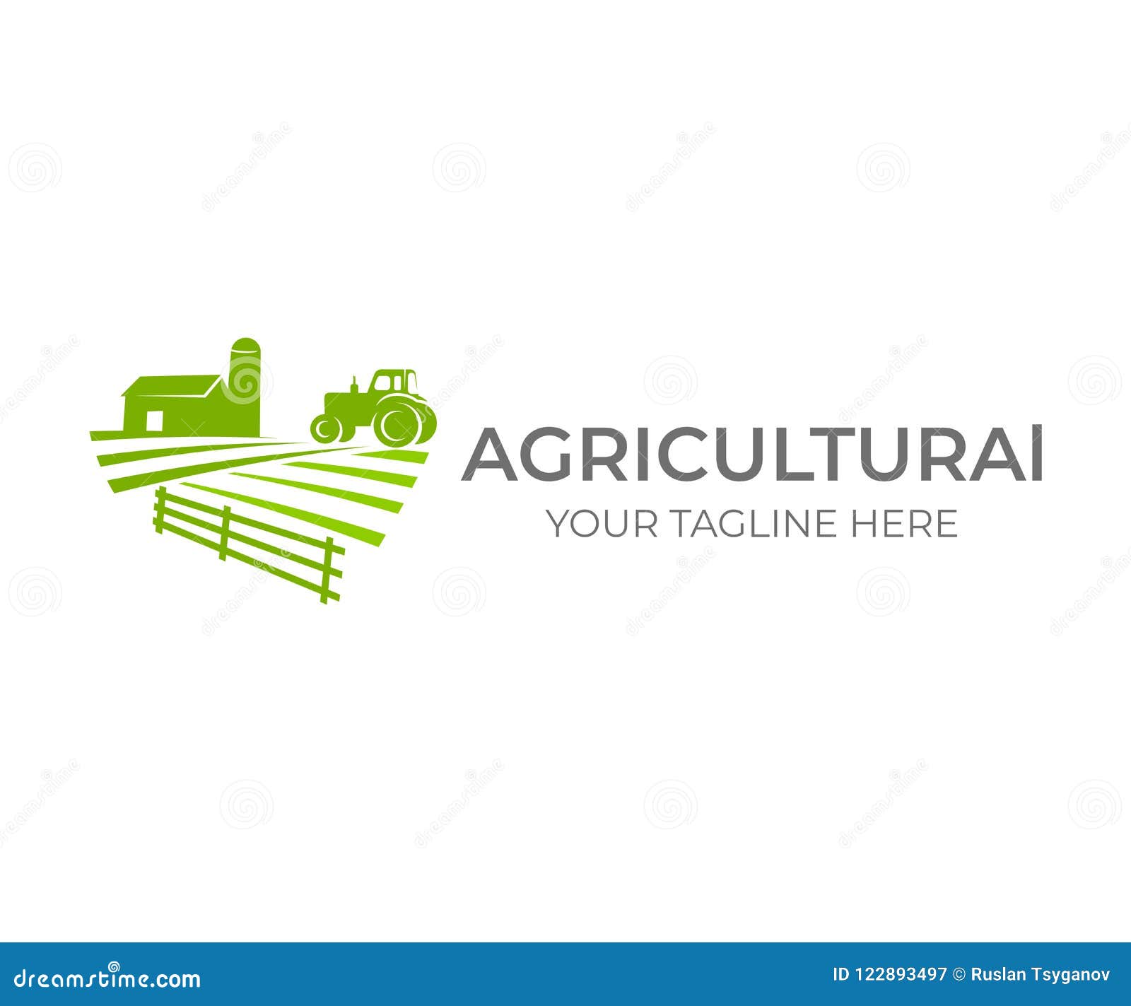 agricultural, agriculture and farming with farm and tractor on field, logo . agribusiness, eco farm, barn with silo in rural