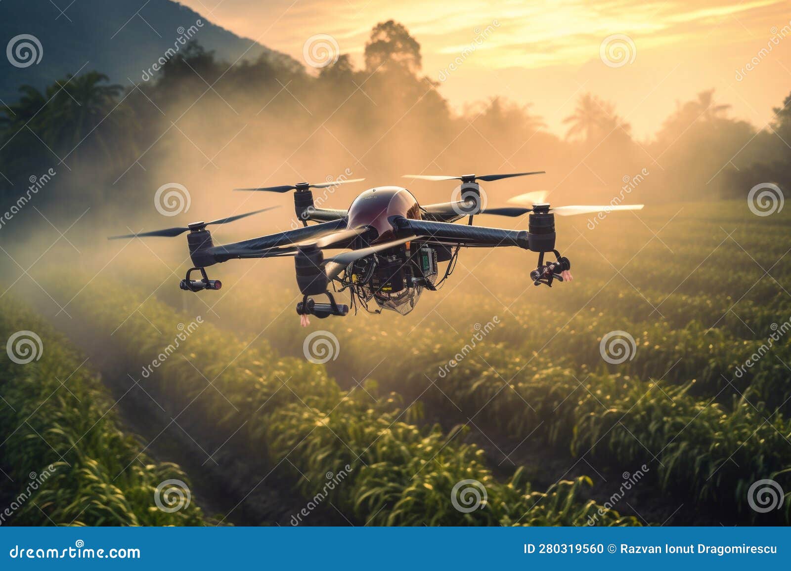 agricultural drone soaring gracefully over a lush cultivated field. this artwork captures the essence of a revolutionary farming