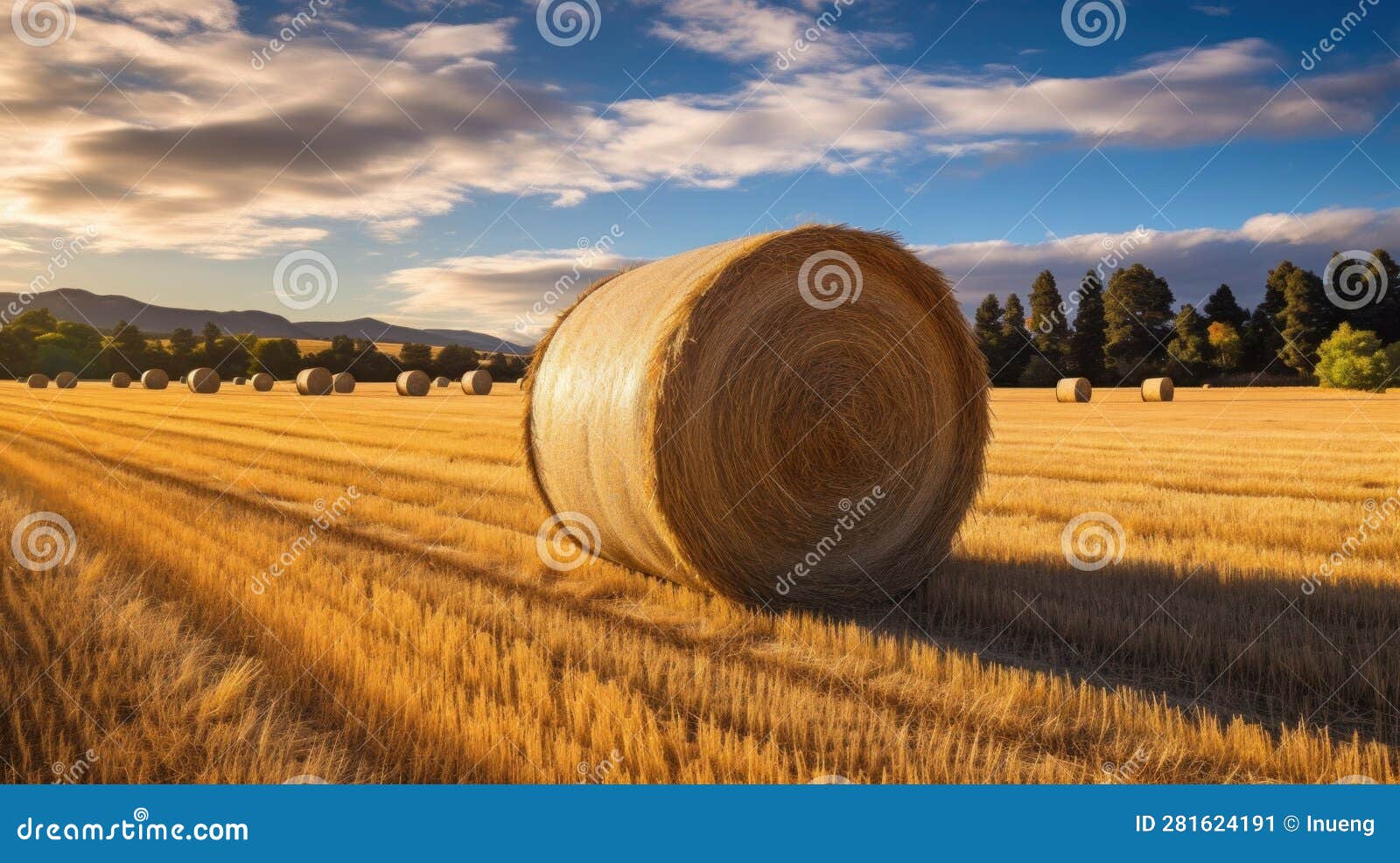 agricultural field with many haybails. generative ai