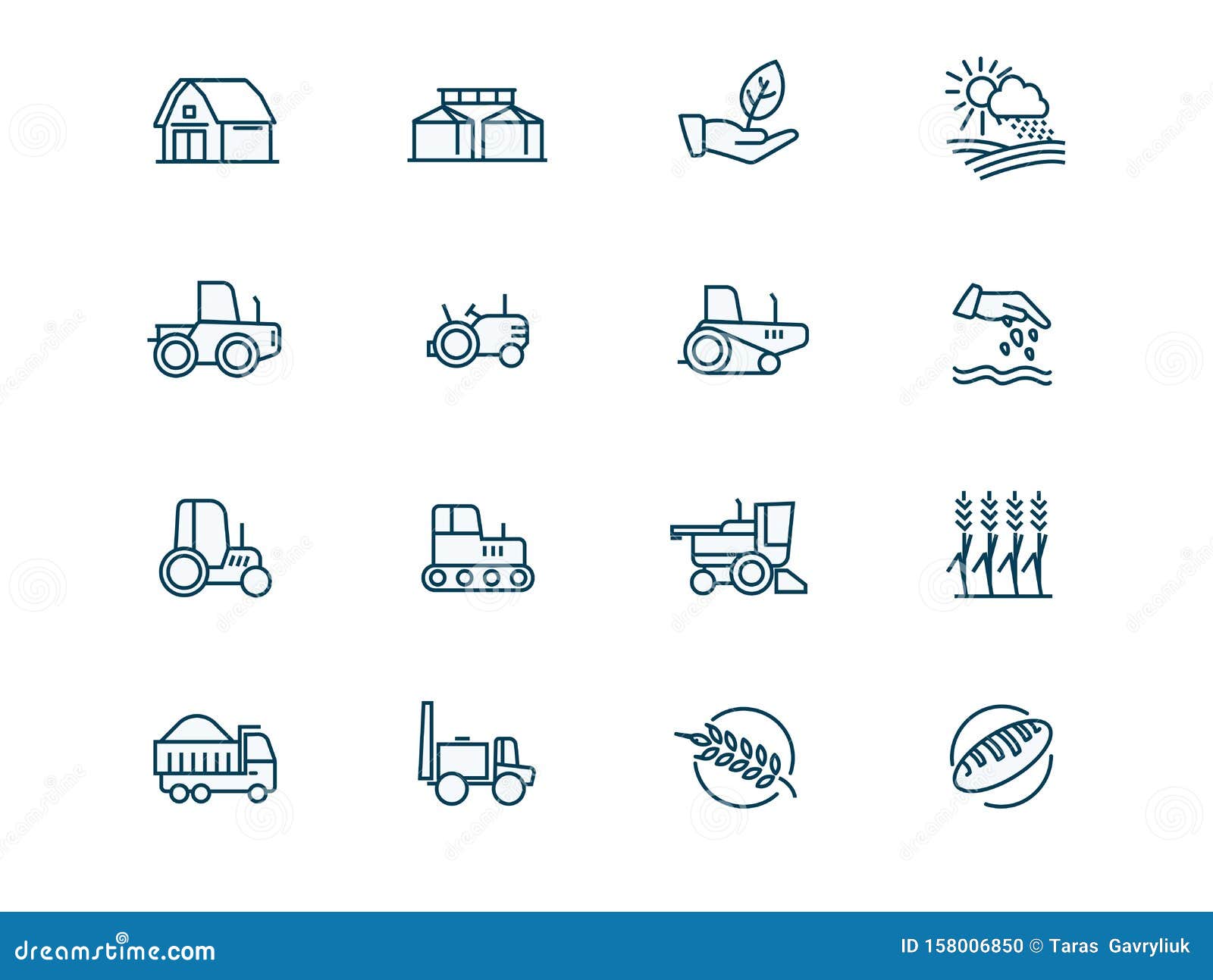 agricultural machinery and agribusiness  linear icons set