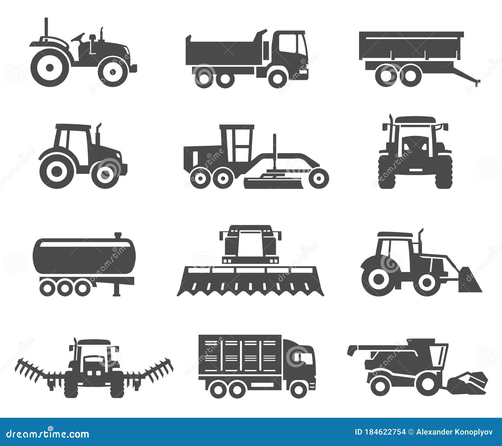 agricultural machinery, vehicles black silhouette icons set  on white.