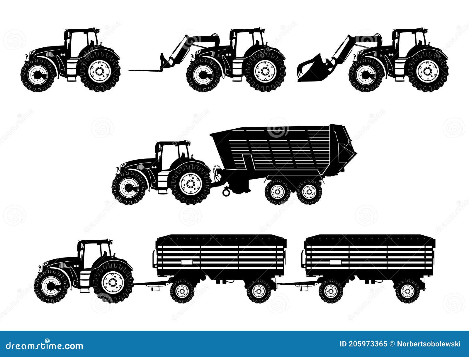 Silhouettes of Modern Tractor. Stock Vector Illustration of