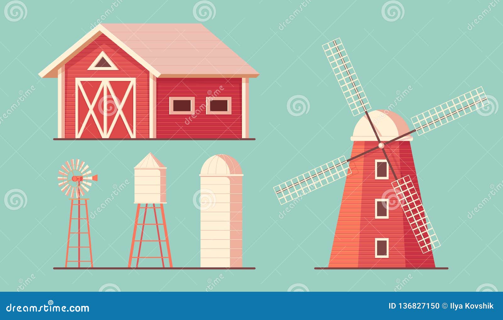 agriculture. farm building. drinking water tower. windmill waterpump and silo srorage barn for corn and harvest.